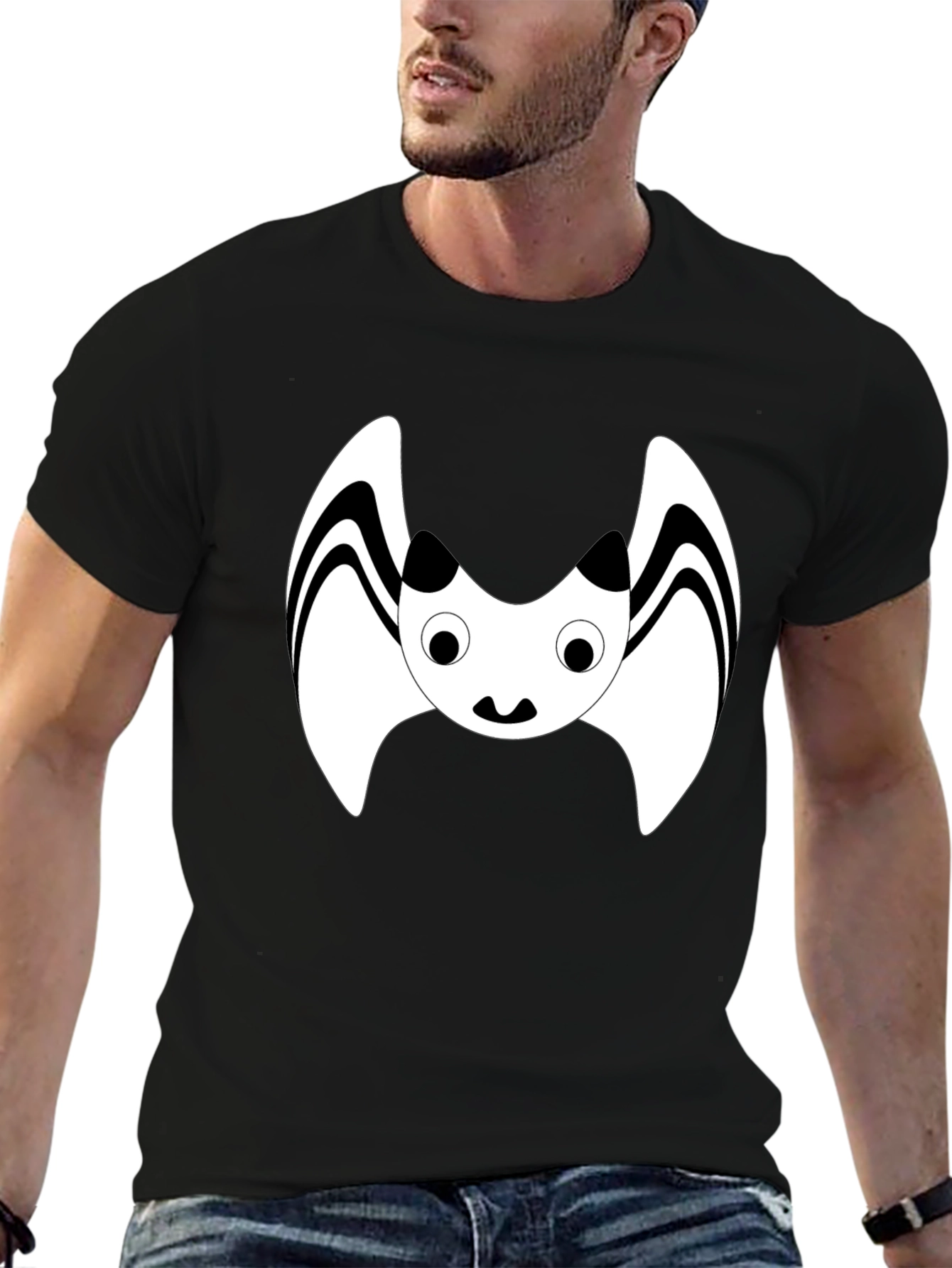 Black Cute Cartoon Bat Graphic Black T-Shirt view 6