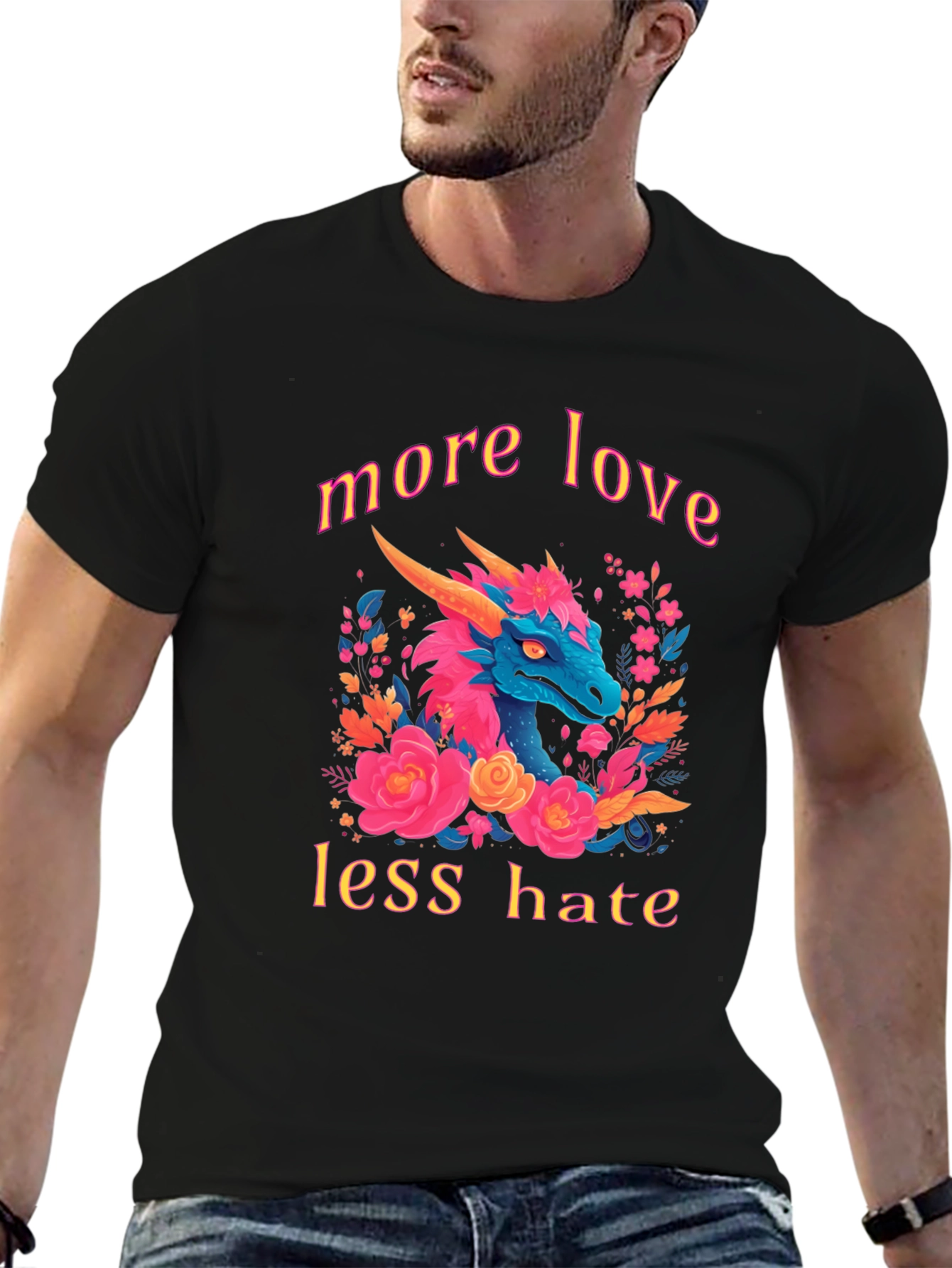 Black Dragon Love T-Shirt - More Love Less Hate Graphic Tee view 6