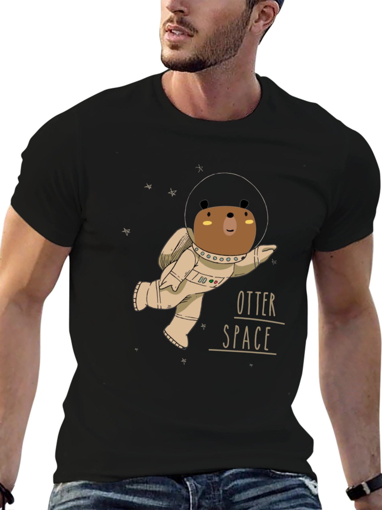 Black Otter Space Black T-Shirt - Astronaut Bear Design view 6