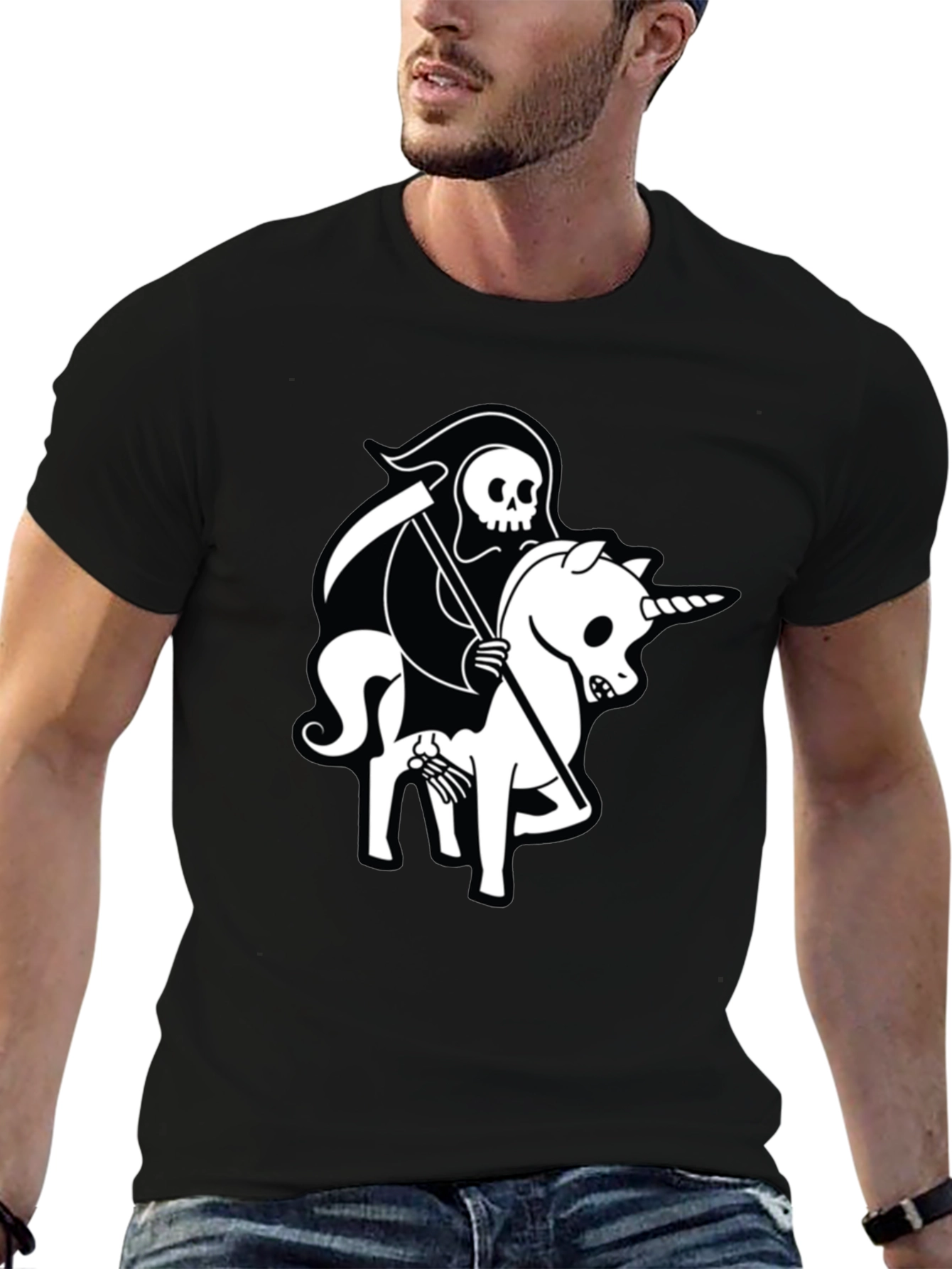 Black Grim Reaper Unicorn Graphic Tee - Black Cotton T-Shirt view 6