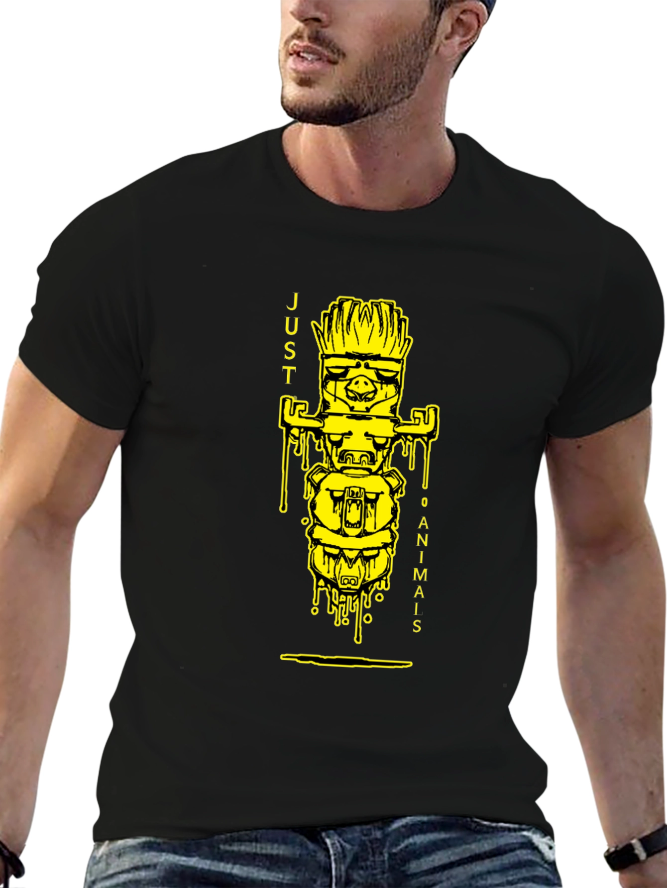 Black Black T-Shirt with 'Just 0 Animais' Totem Design view 6