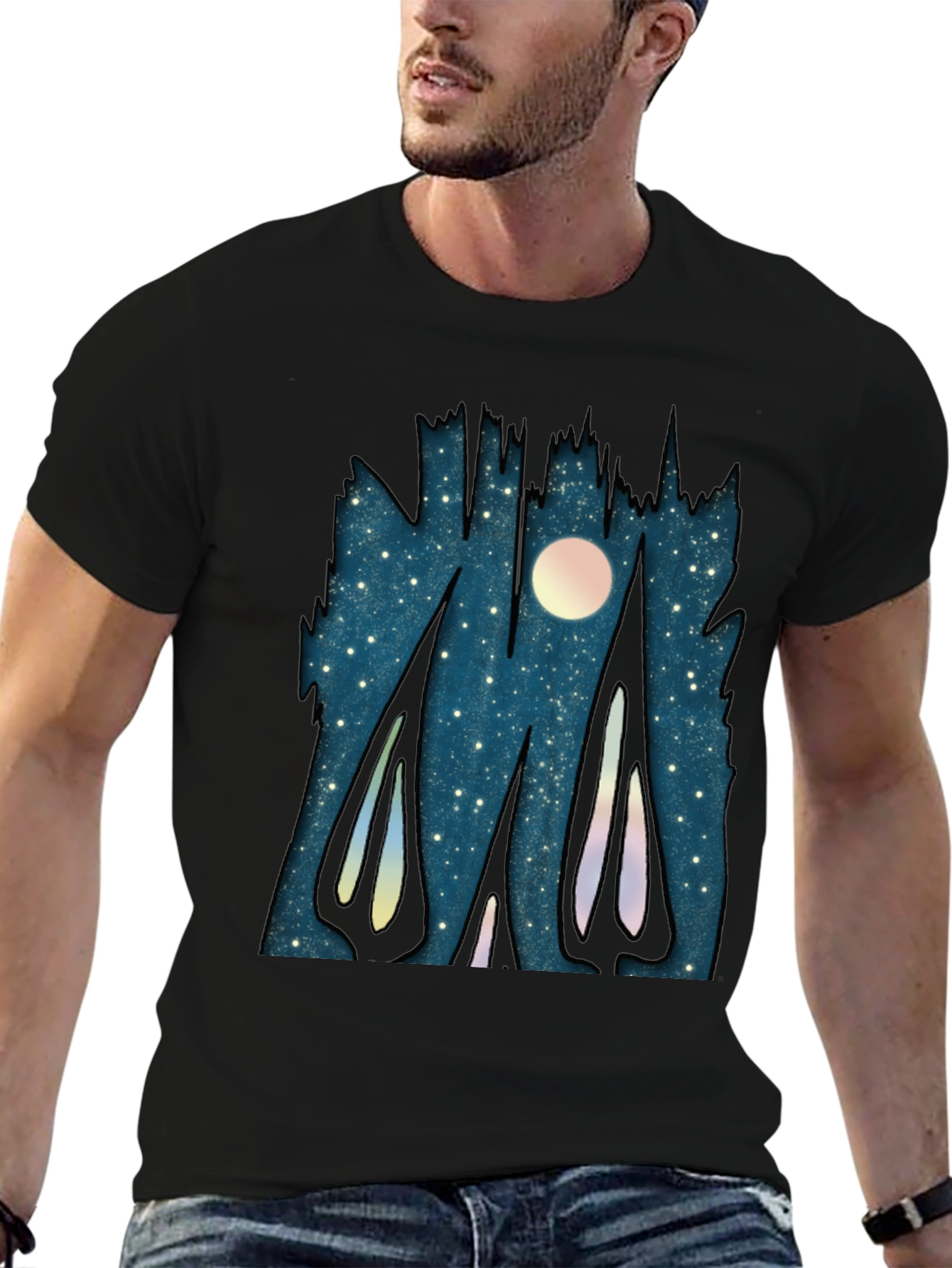Black Starry Night Forest Graphic T-Shirt view 6