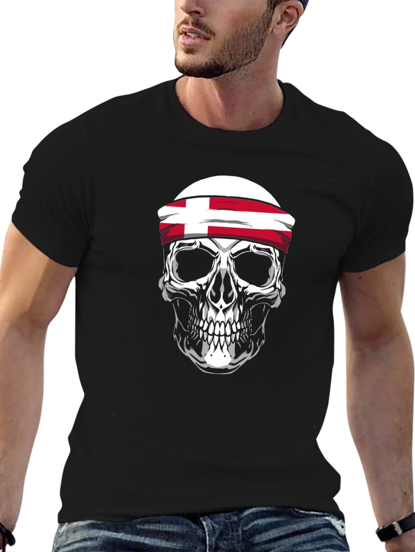 Black Skull with Denmark Flag Headband T-Shirt - Men's Black Tee view 6