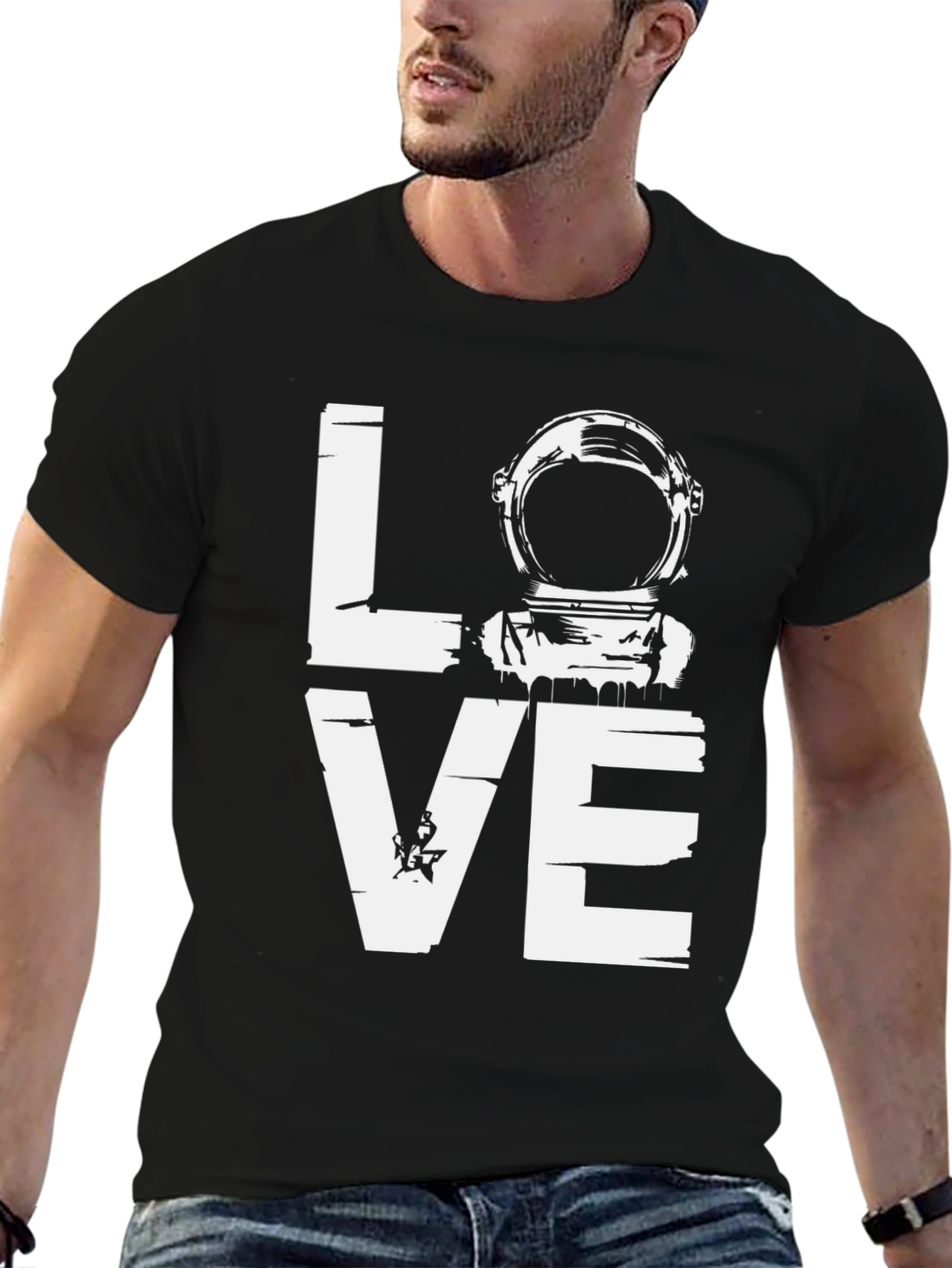 Black Love Astronaut Graphic T-Shirt - Black Cotton Tee view 6