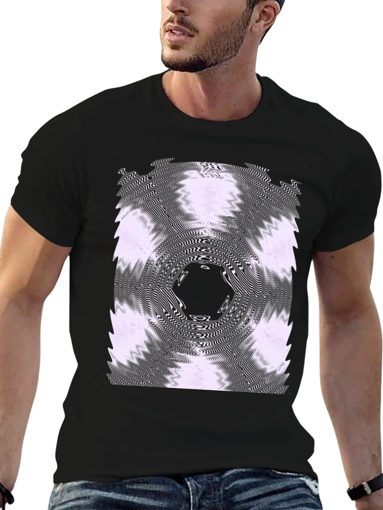 Black Abstract Vortex Graphic Tee - Black Cotton Blend view 6