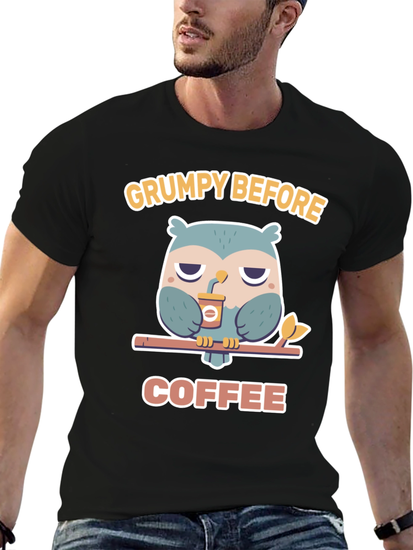 Black Grumpy Before Coffee Owl Graphic Tee view 6