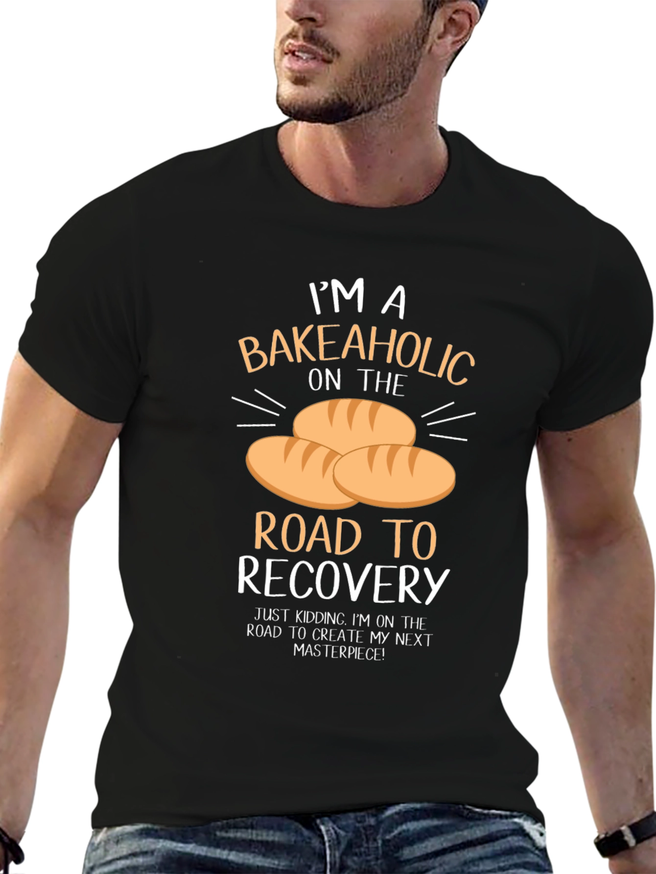 Black Bakeaholic T-Shirt: Road to Recovery Baking Humor Tee view 6