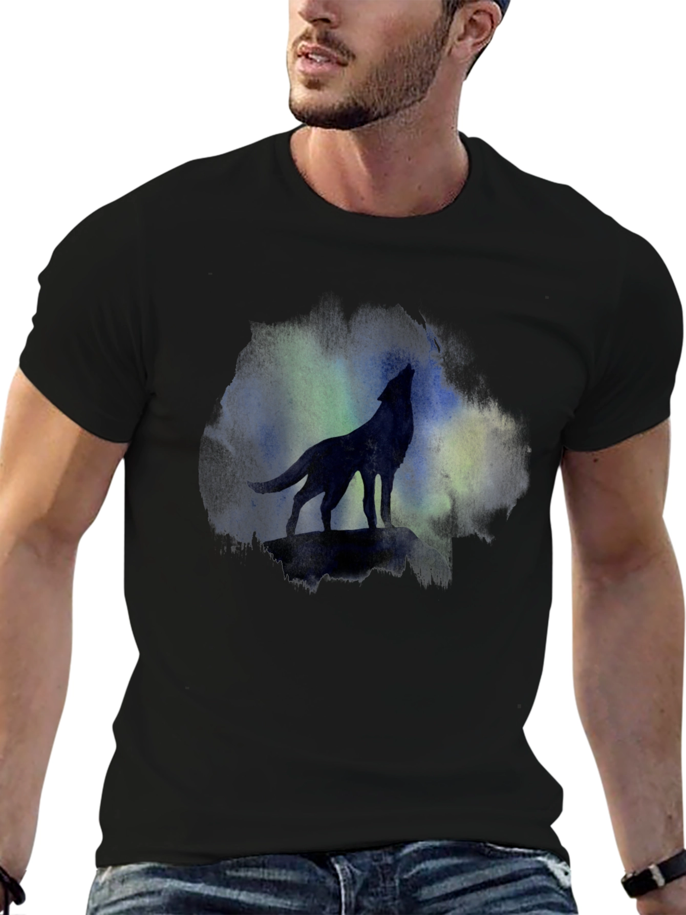 Black Wolf Howling at Aurora Borealis T-Shirt view 6
