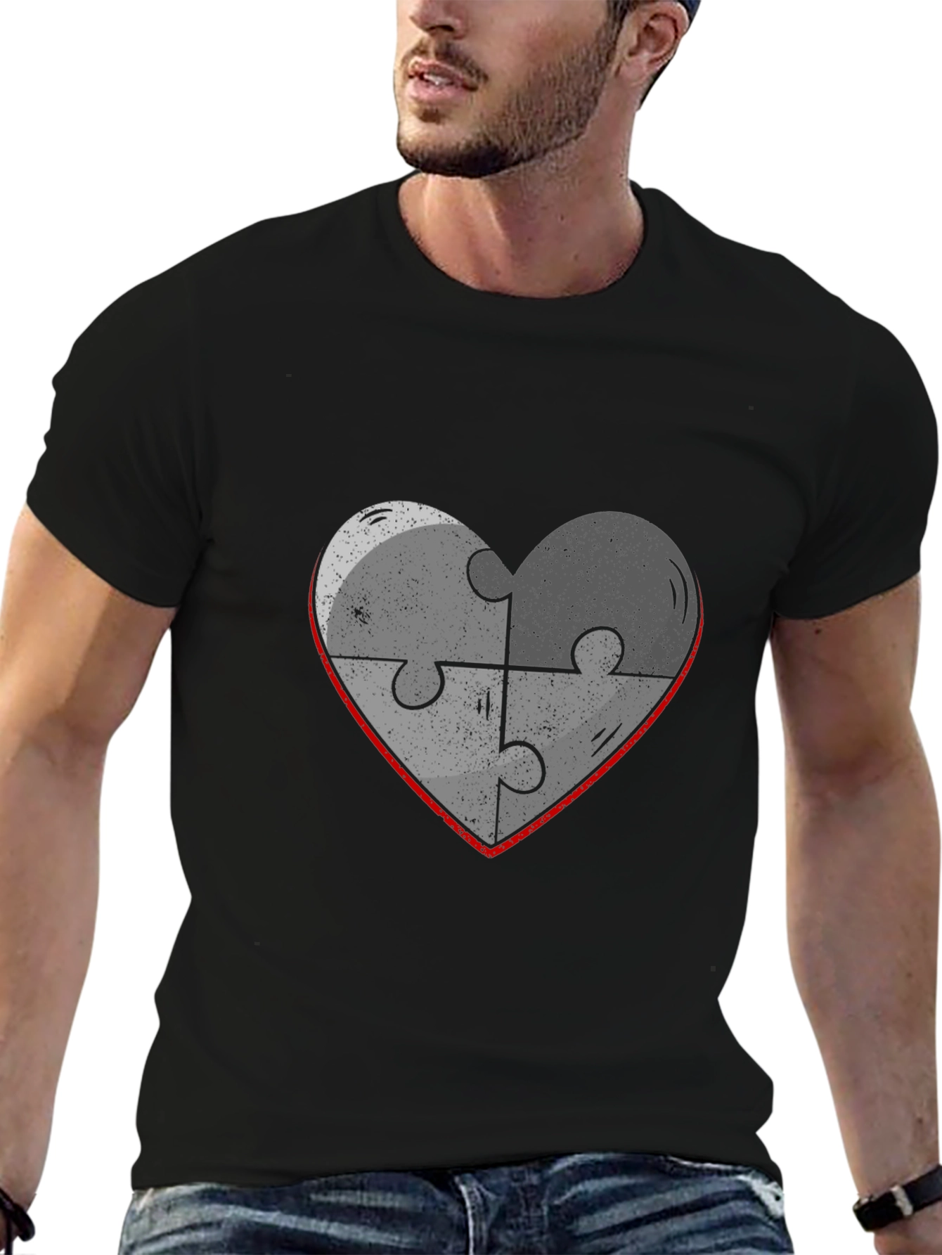 Black Heart Puzzle Piece Graphic Tee - Black Cotton Casual T-Shirt view 6