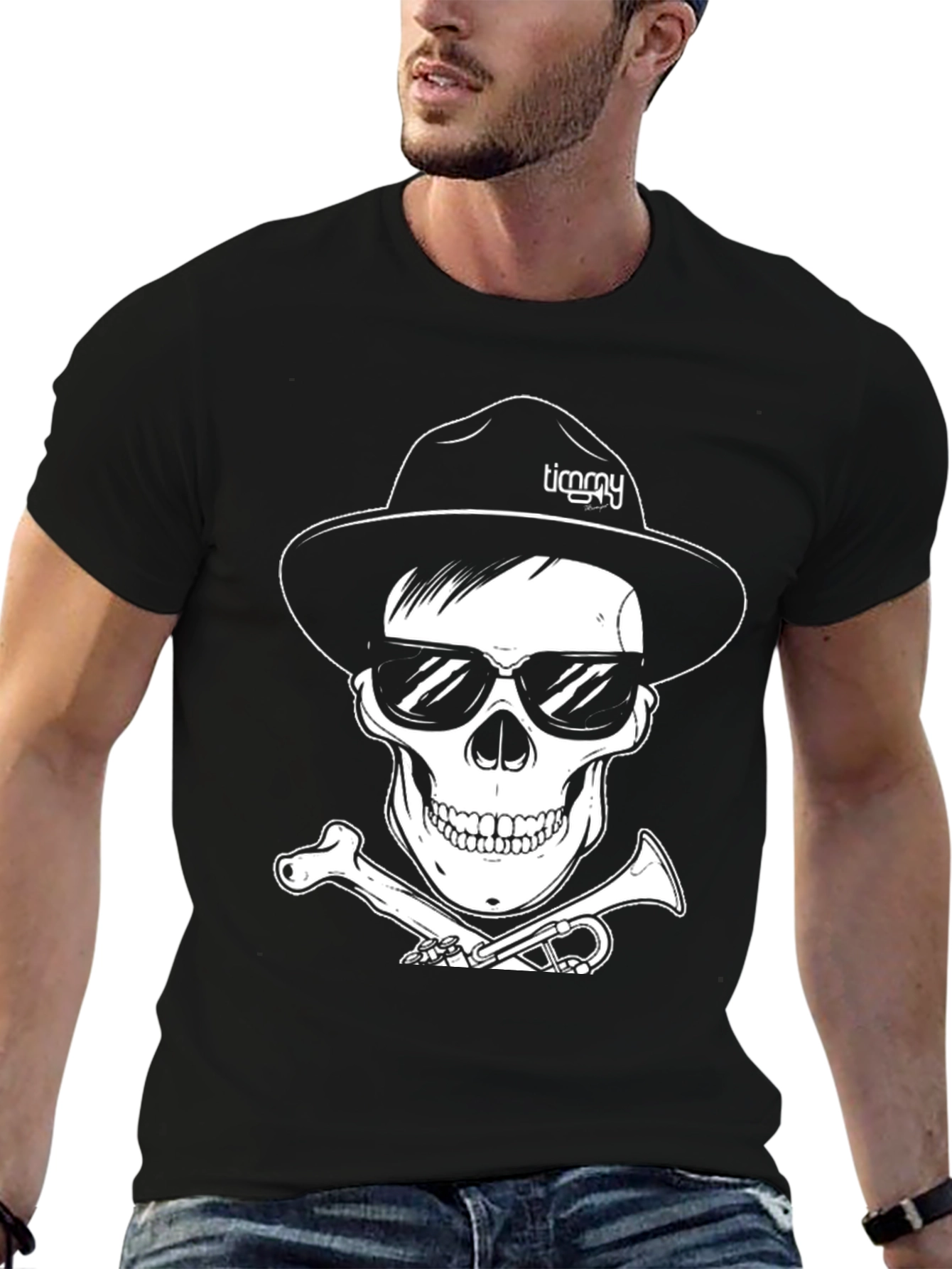 Black Skull with Hat & Sunglasses Graphic Tee view 6