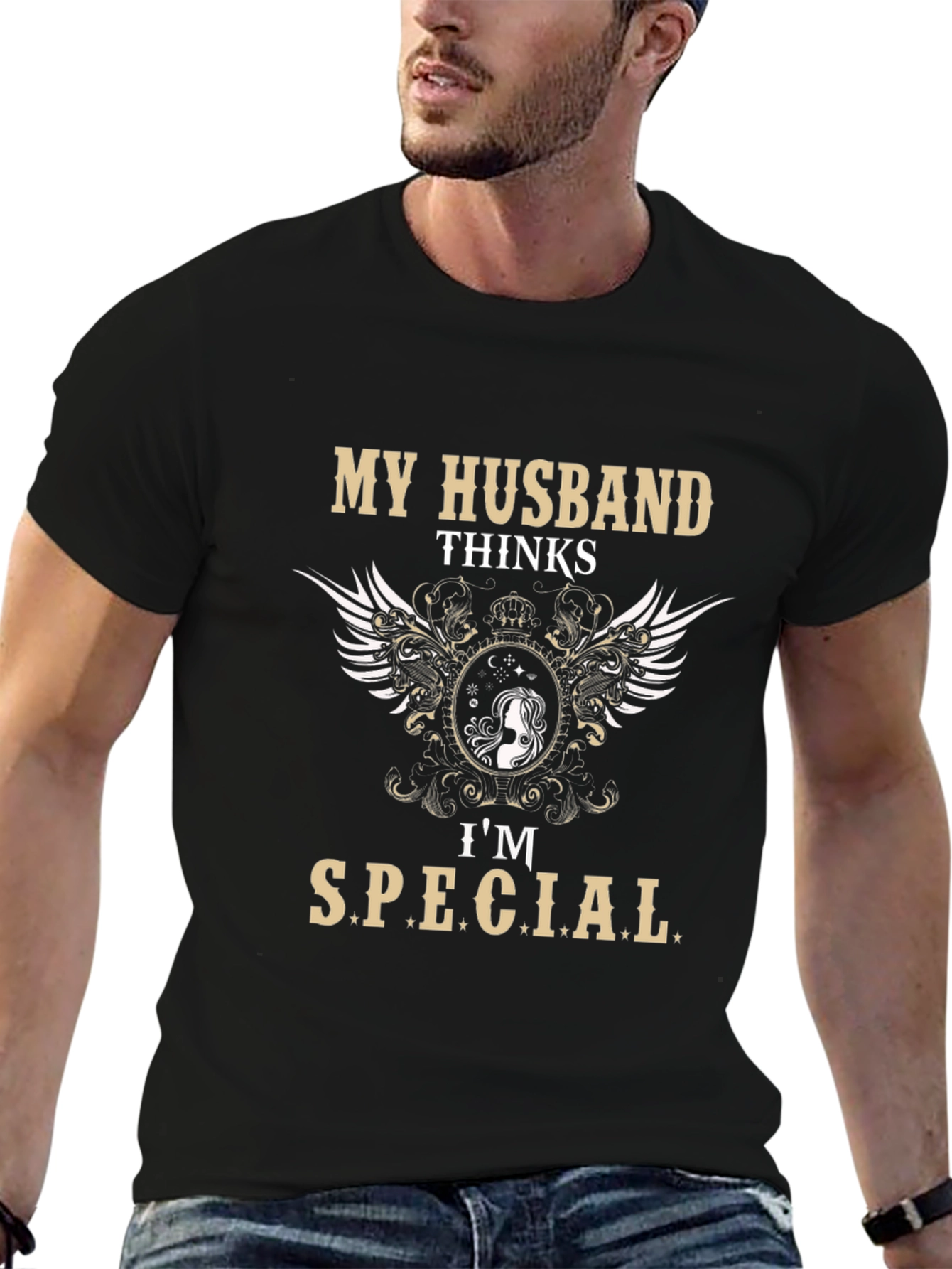 Black My Husband Thinks I'm Special T-Shirt view 6