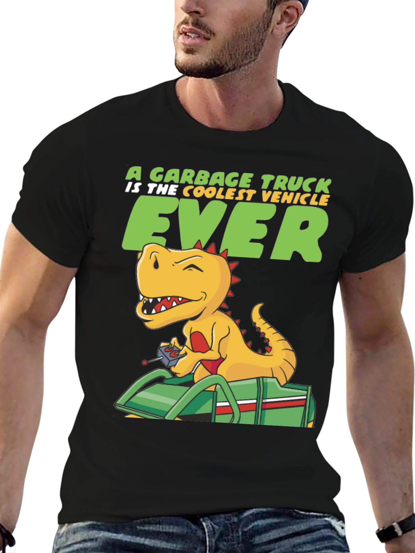 Black Cool Dinosaur Garbage Truck T-Shirt view 6