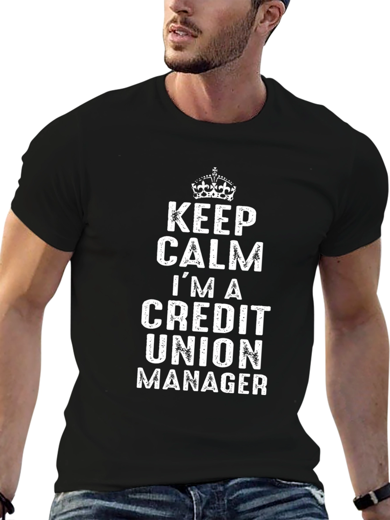 Black Keep Calm Credit Union Manager T-Shirt view 6