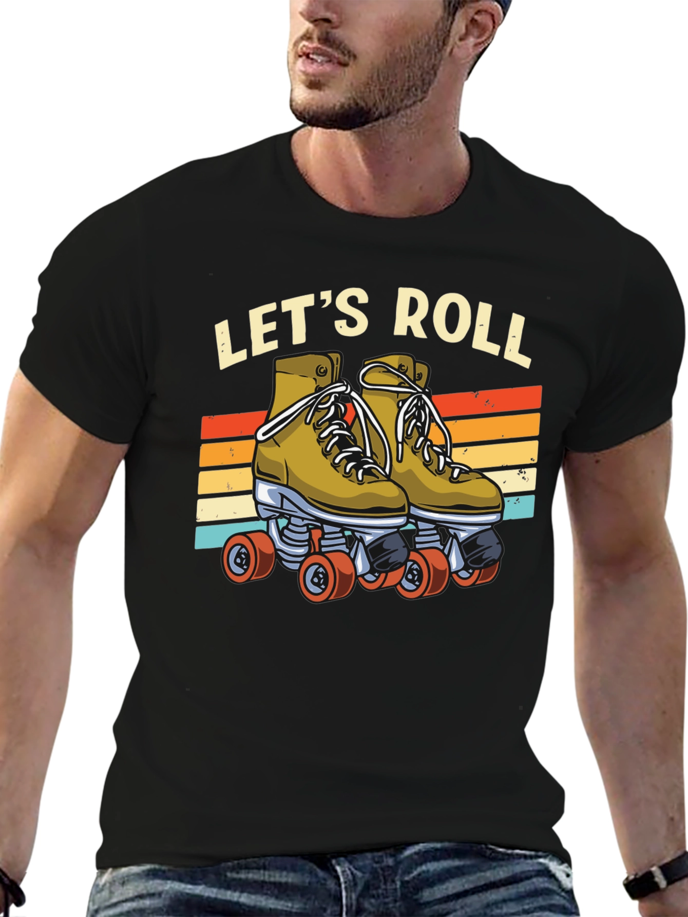 Black Let's Roll Retro Roller Skate T-Shirt view 6