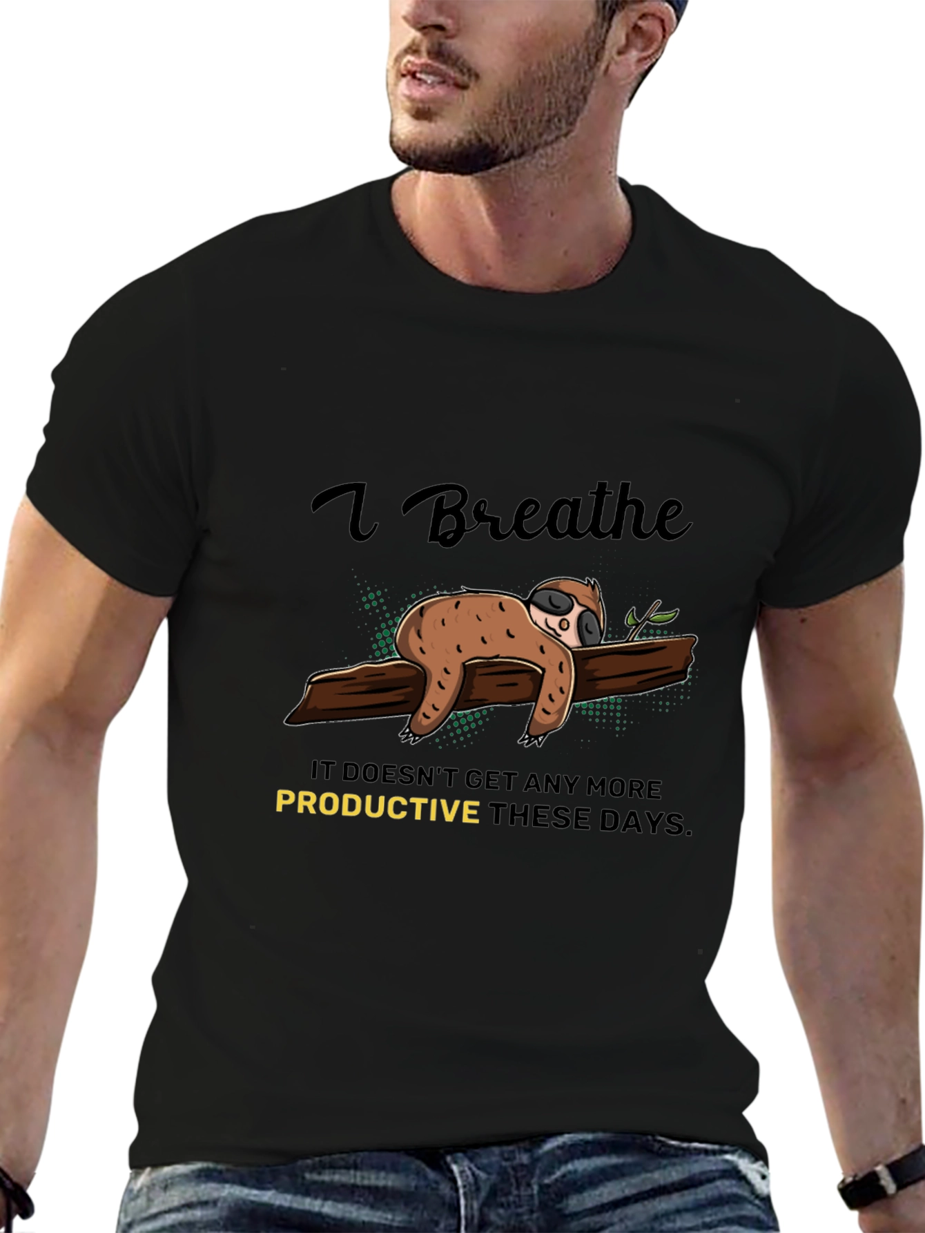 Black I Breathe Sloth T-Shirt - Relaxed & Comfy Tee view 6