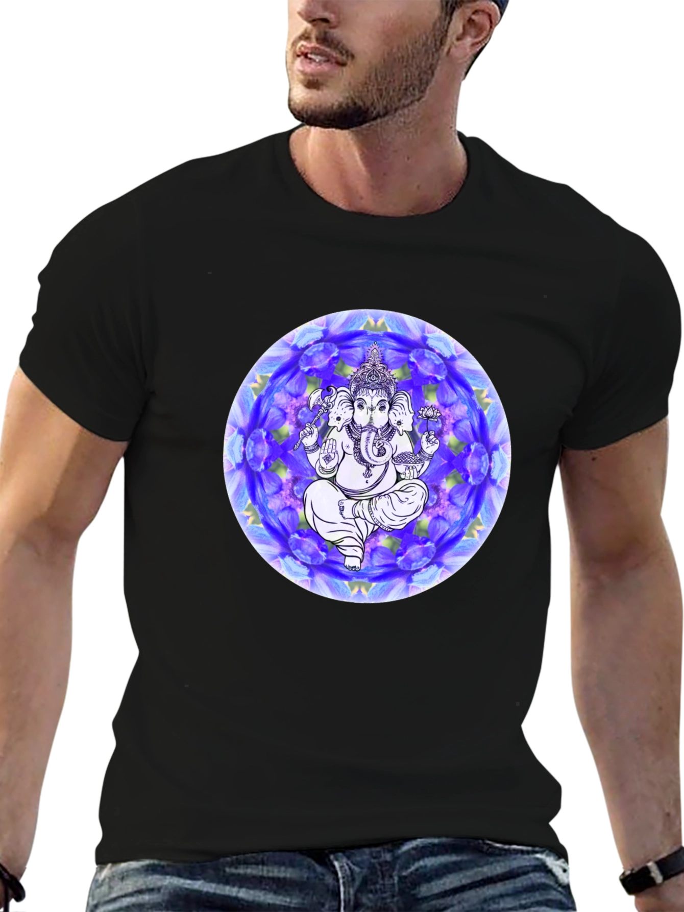 Black Ganesh Mandala Graphic Tee - Black Cotton T-Shirt view 6