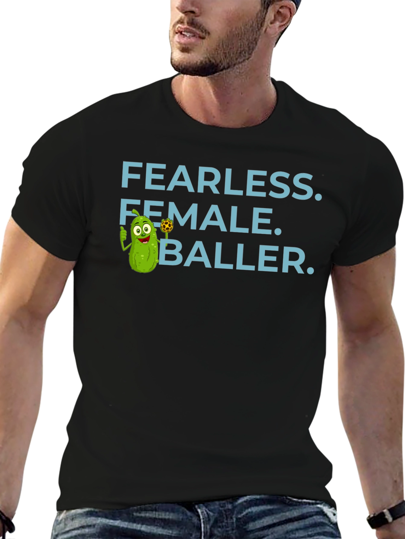 Black Fearless Female Baller T-Shirt - Funny Pickle Cartoon view 6