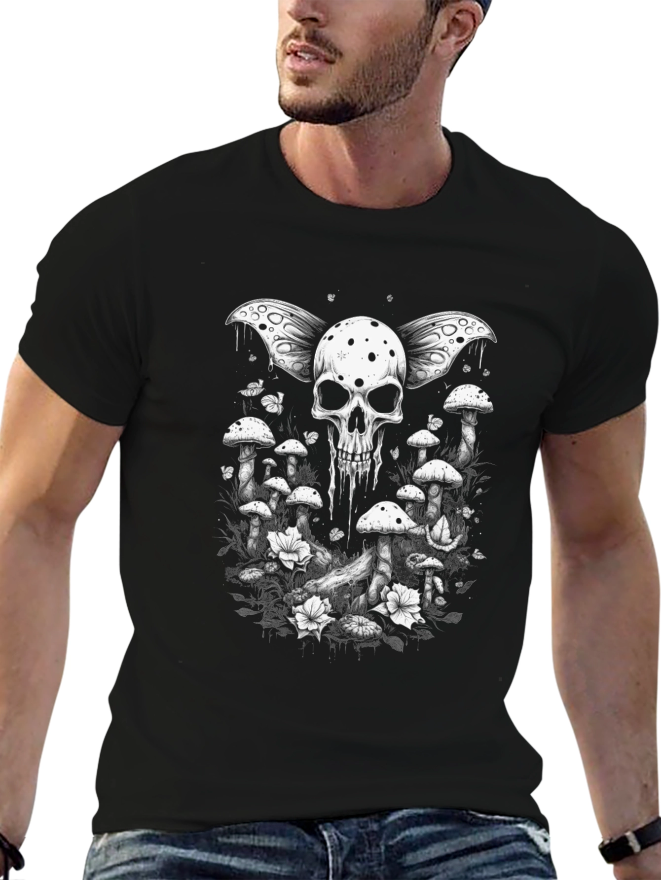 Black Skull & Mushroom Graphic Tee view 6