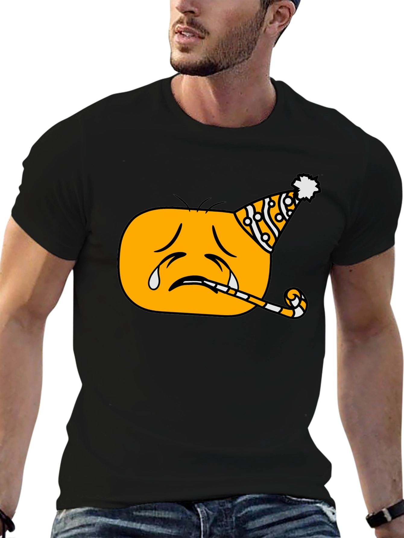 Black Sad Party Emoji Graphic T-Shirt - Black Crew Neck view 6