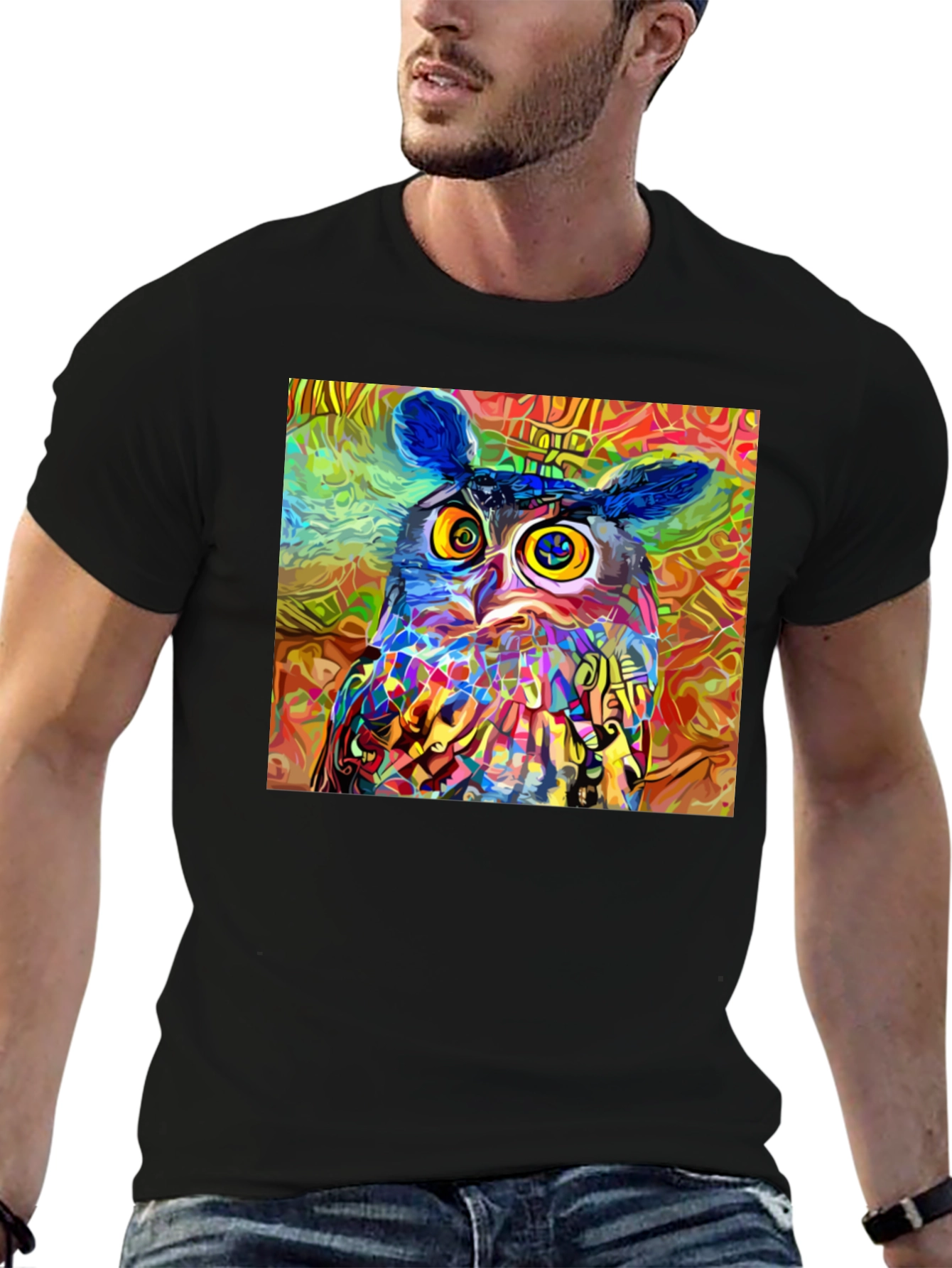 Black Psychedelic Owl Graphic Tee - Black Cotton Blend view 6