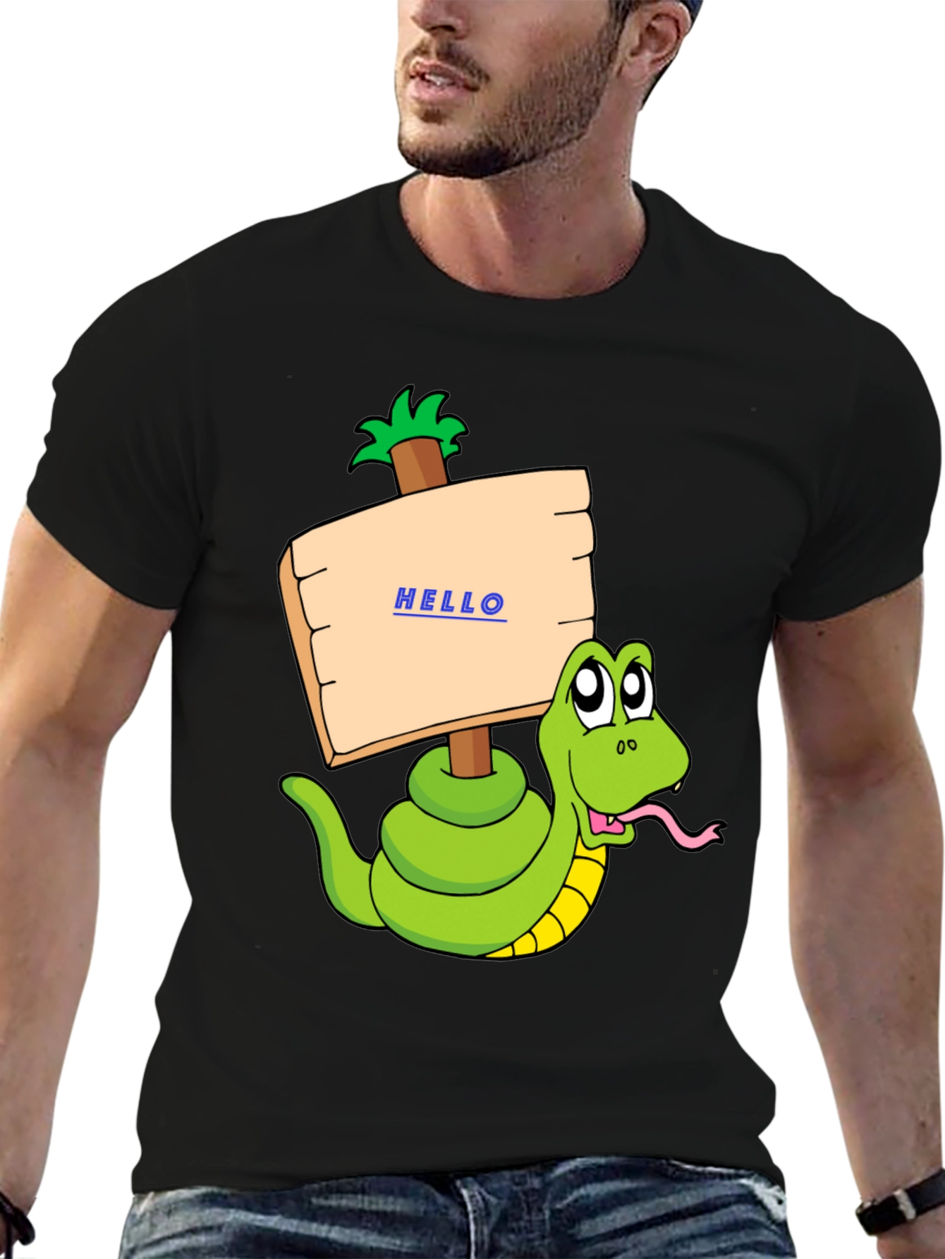 Black Funny Snake Graphic T-Shirt - Hello Sign view 6