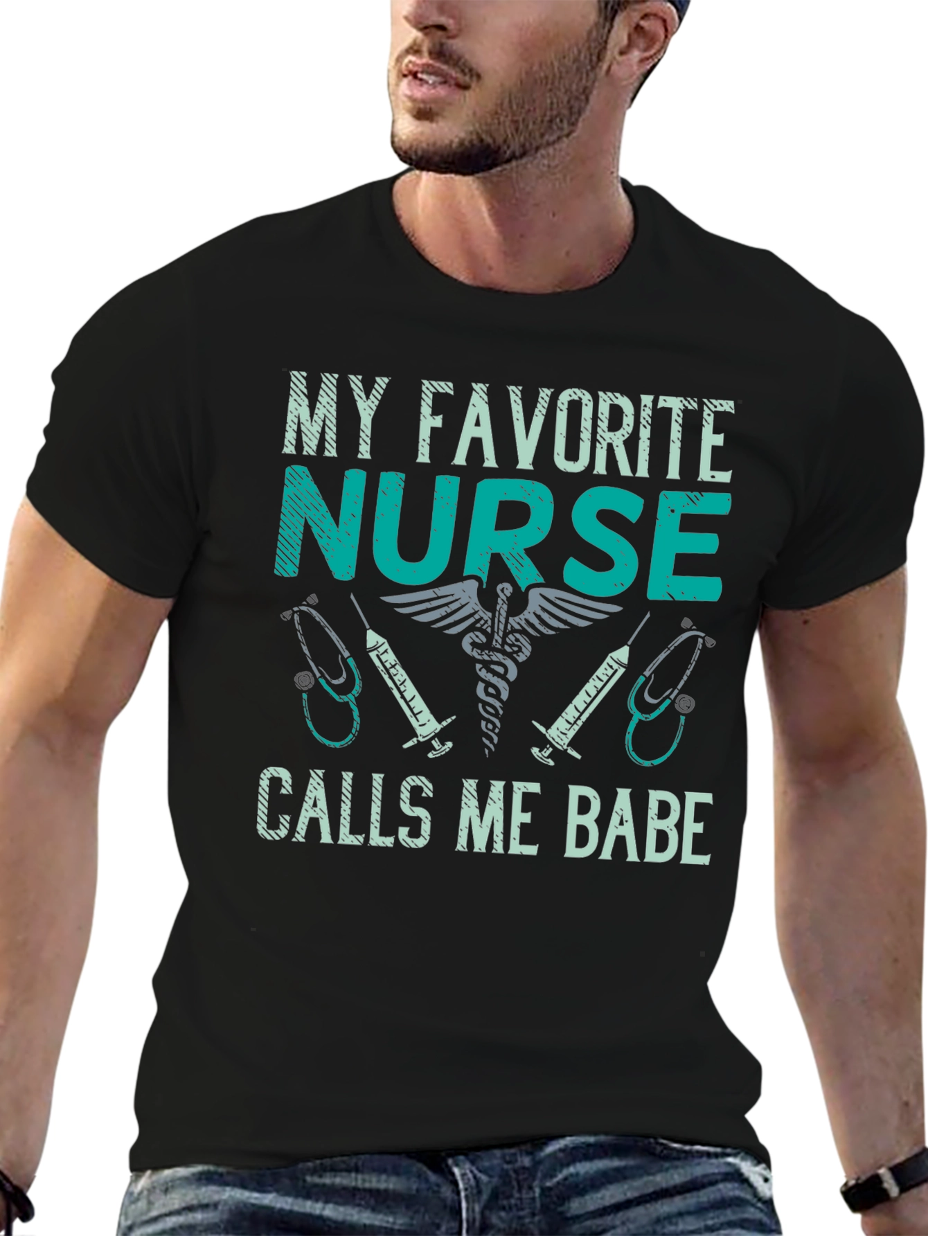 Black My Favorite Nurse Calls Me Babe T-Shirt view 6