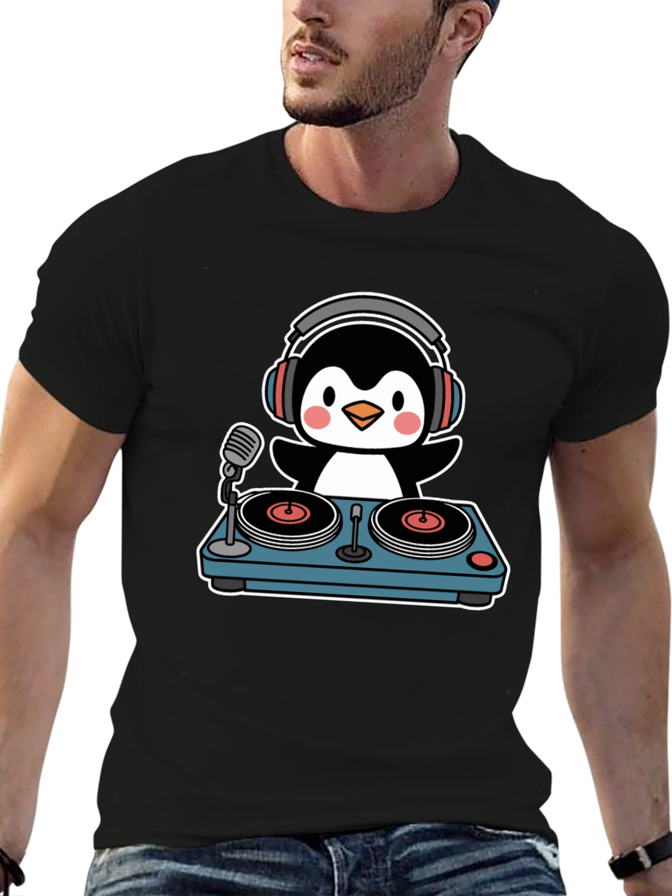 Black DJ Penguin Black T-Shirt - Music Lover's Tee view 6