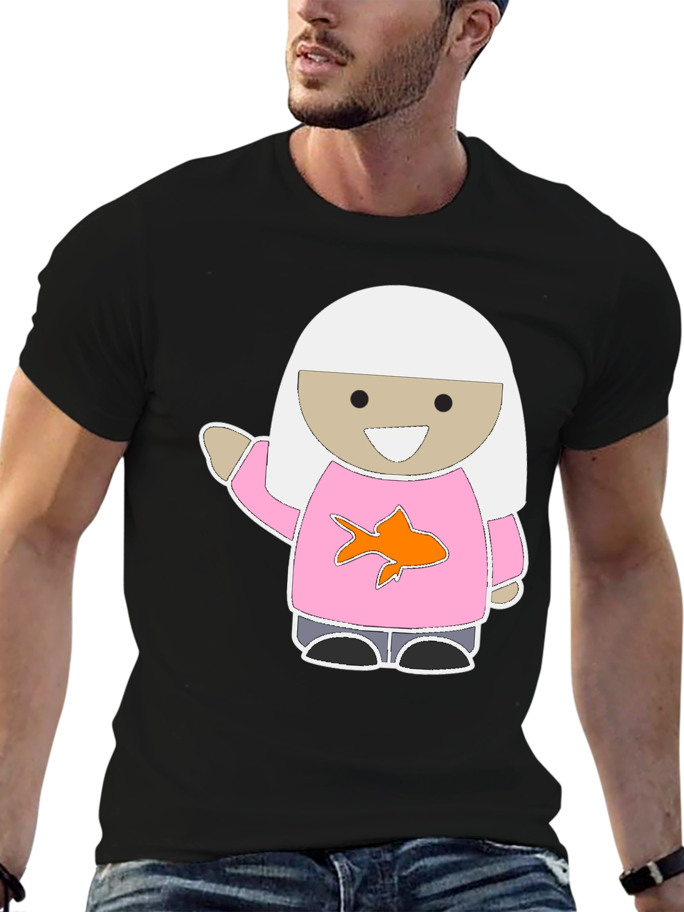 Black Cute Cartoon Girl Pink Fish T-Shirt view 6