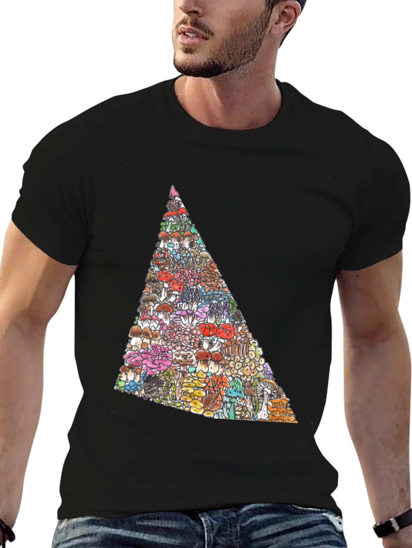 Black Funky Mushroom Triangle Graphic Black T-Shirt view 6