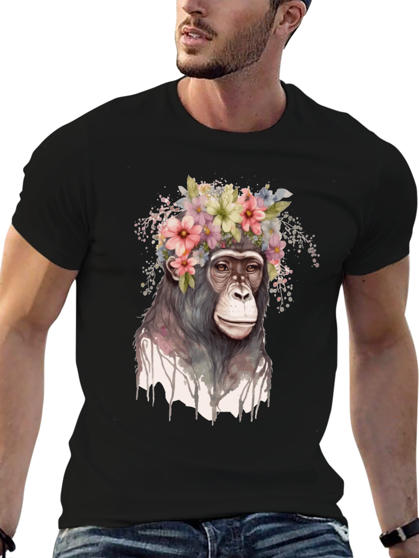 Black Floral Crown Chimp Graphic Tee view 6