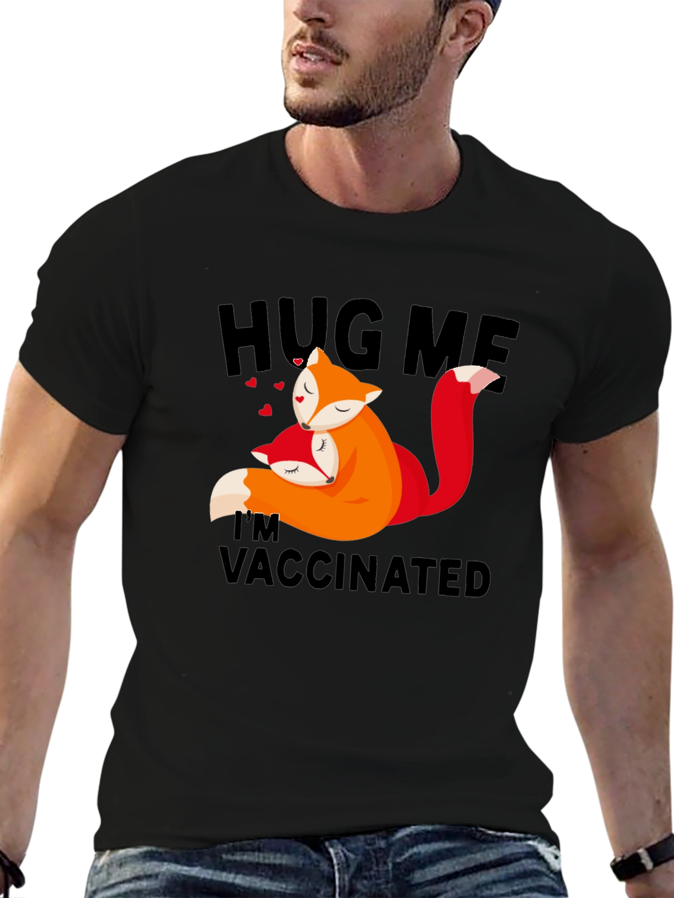 Black Hug Me I'm Vaccinated Fox T-Shirt view 6