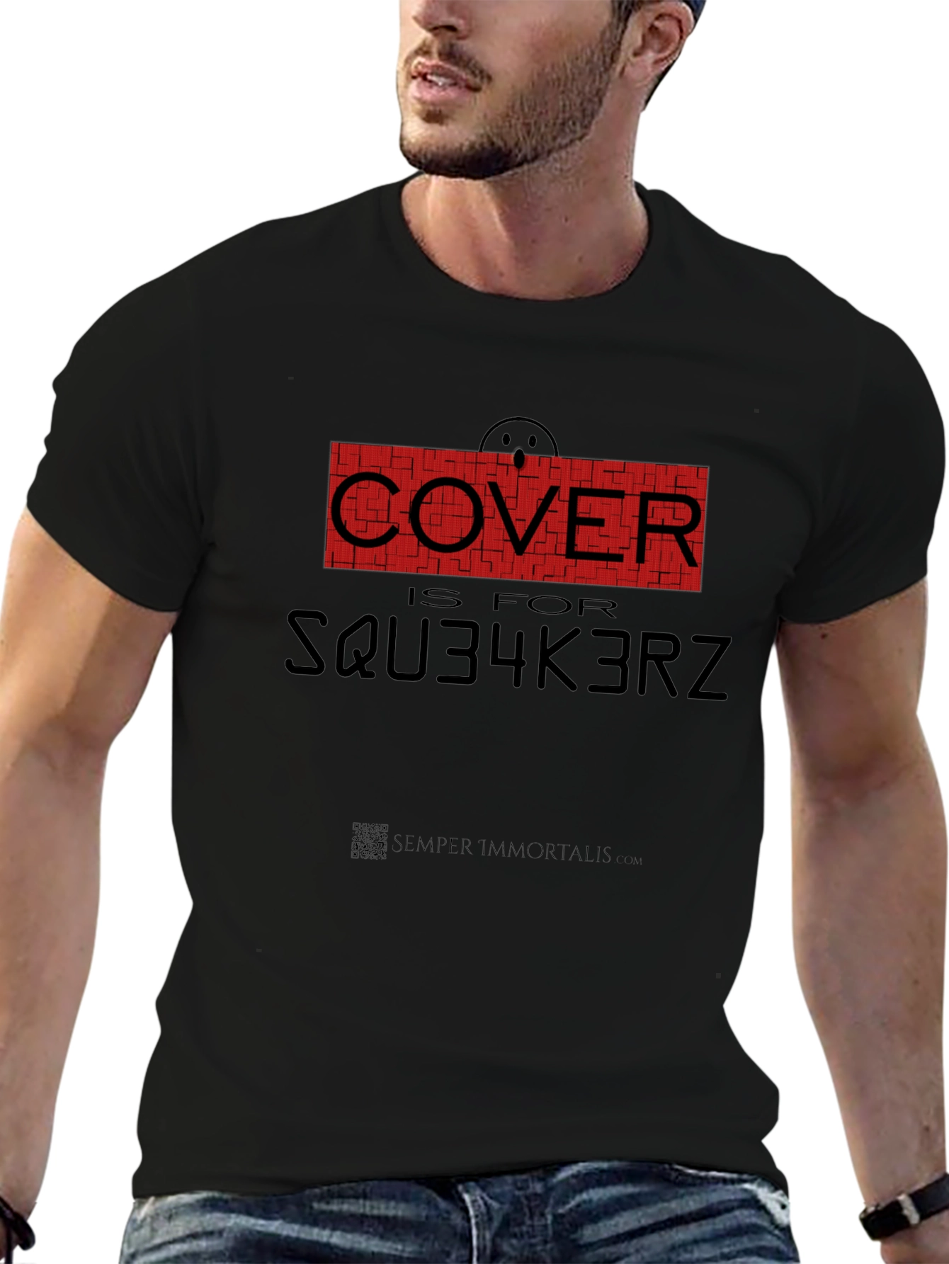 Black Humorous 'Cover is for SQU34K3RZ' Black T-Shirt view 6