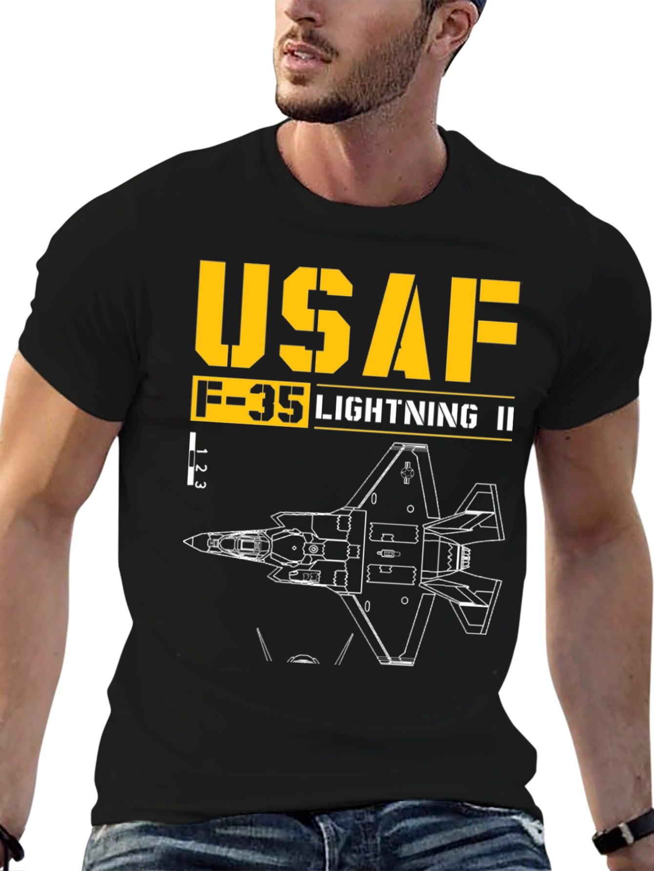Black USAF F-35 Lightning II Blueprint T-Shirt view 6