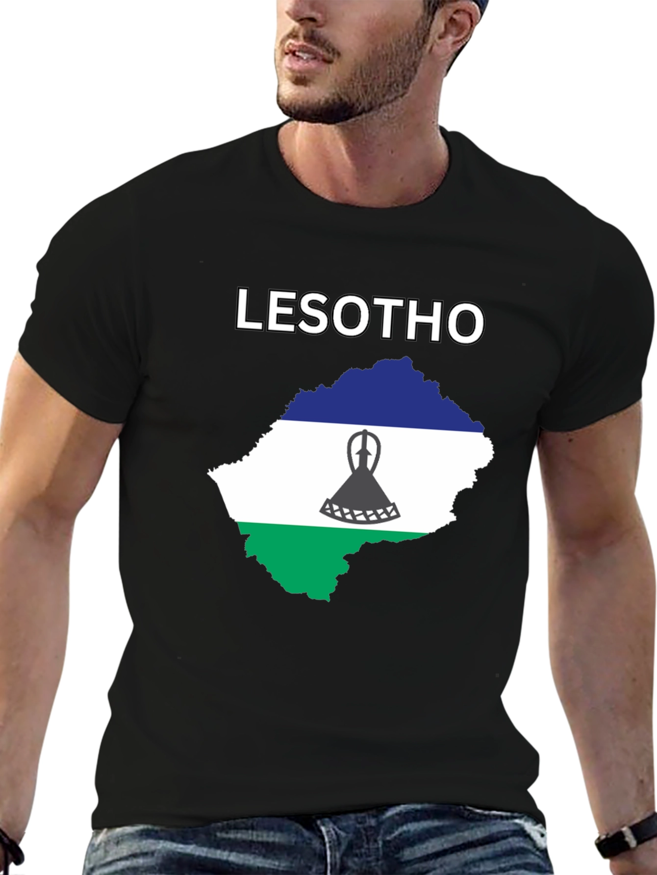 Lesotho Flag T-Shirt - Black Cotton Tee - 6