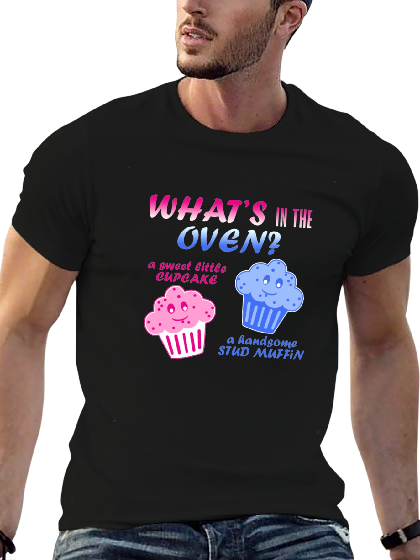 Black What's in the Oven? Gender Reveal T-Shirt view 6