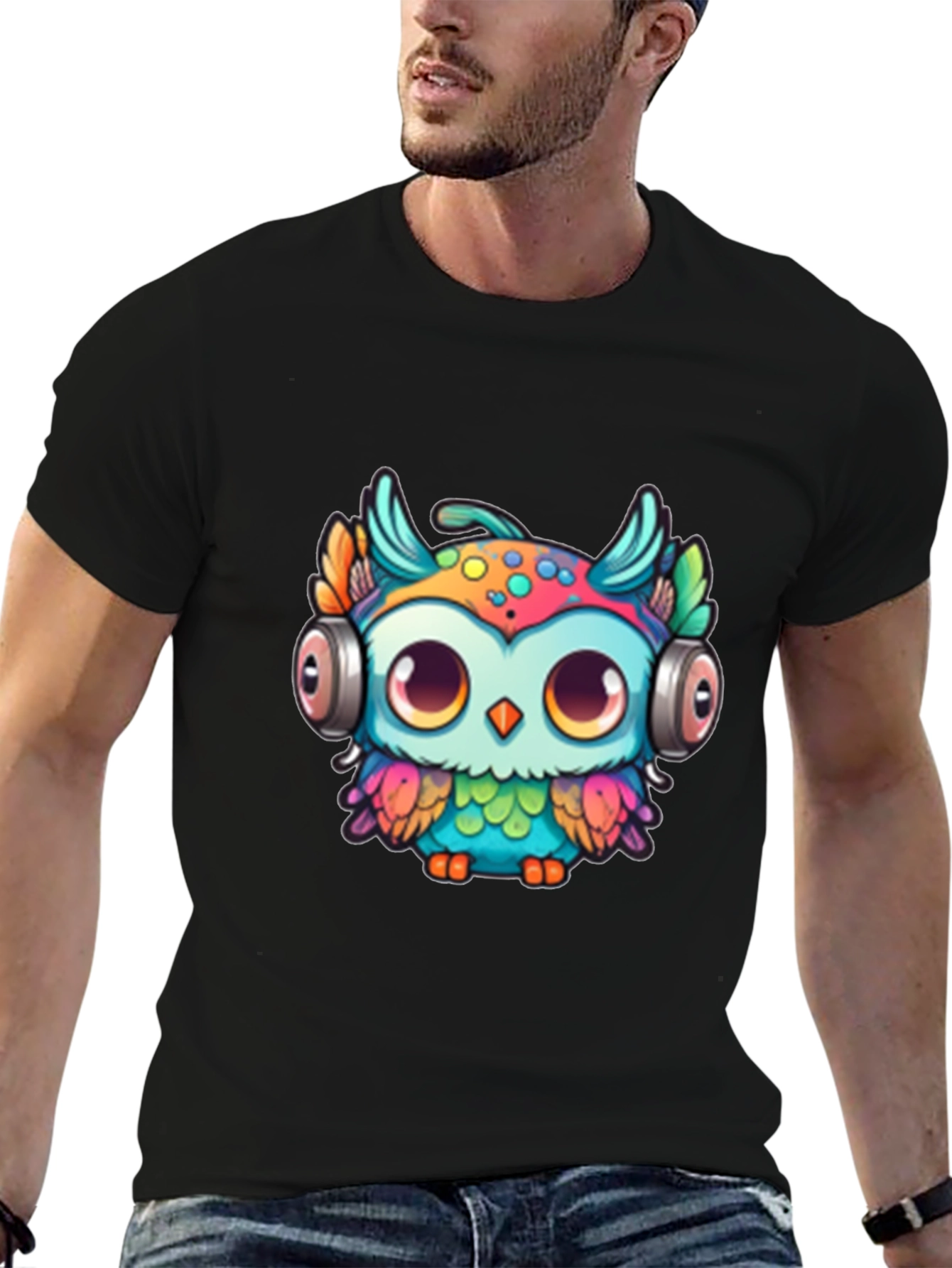 Black Owl with Headphones Graphic Tee - Black view 6