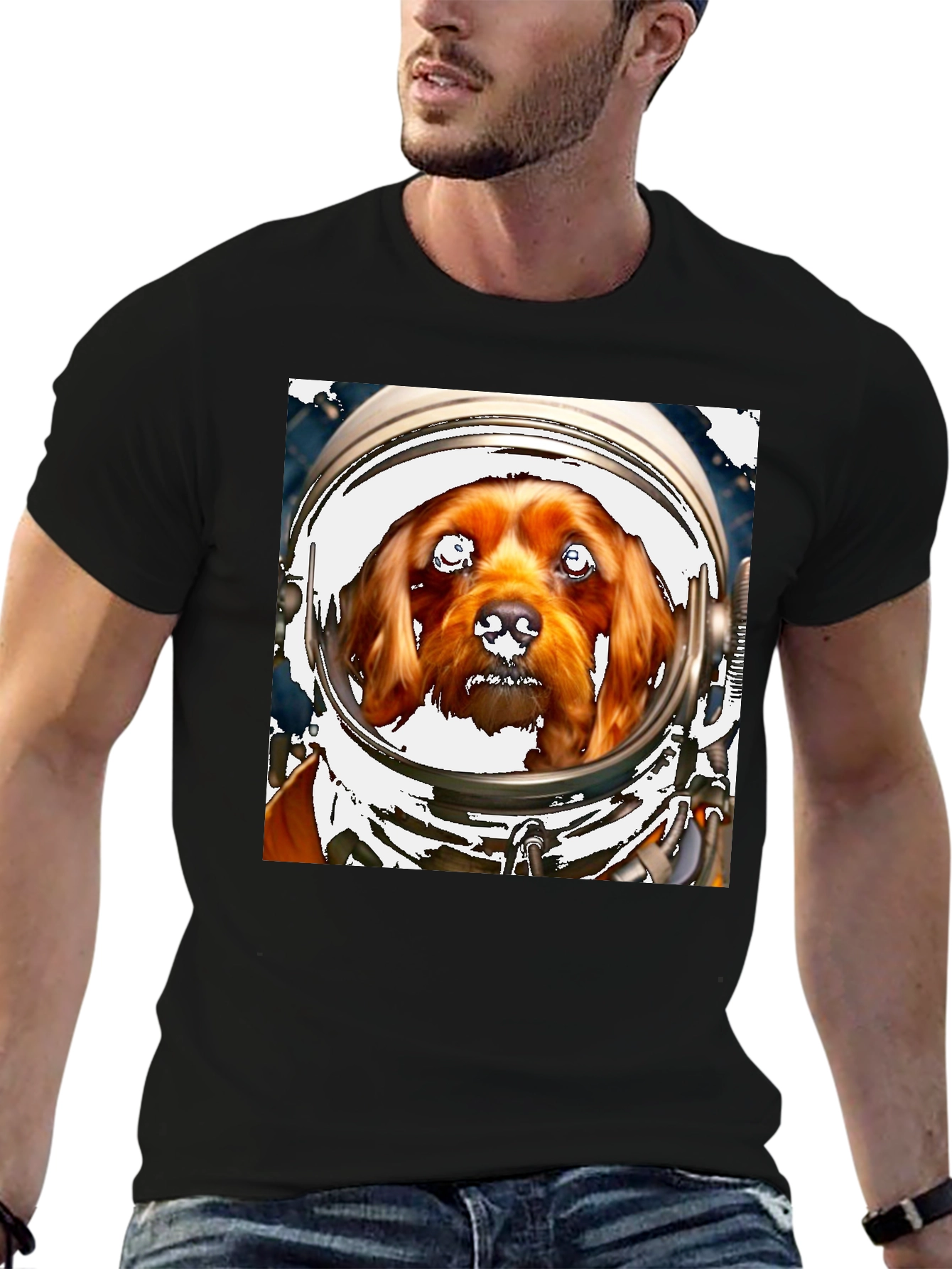 Black Dog in Space Helmet T-Shirt - Unique Pet Lover Tee view 6