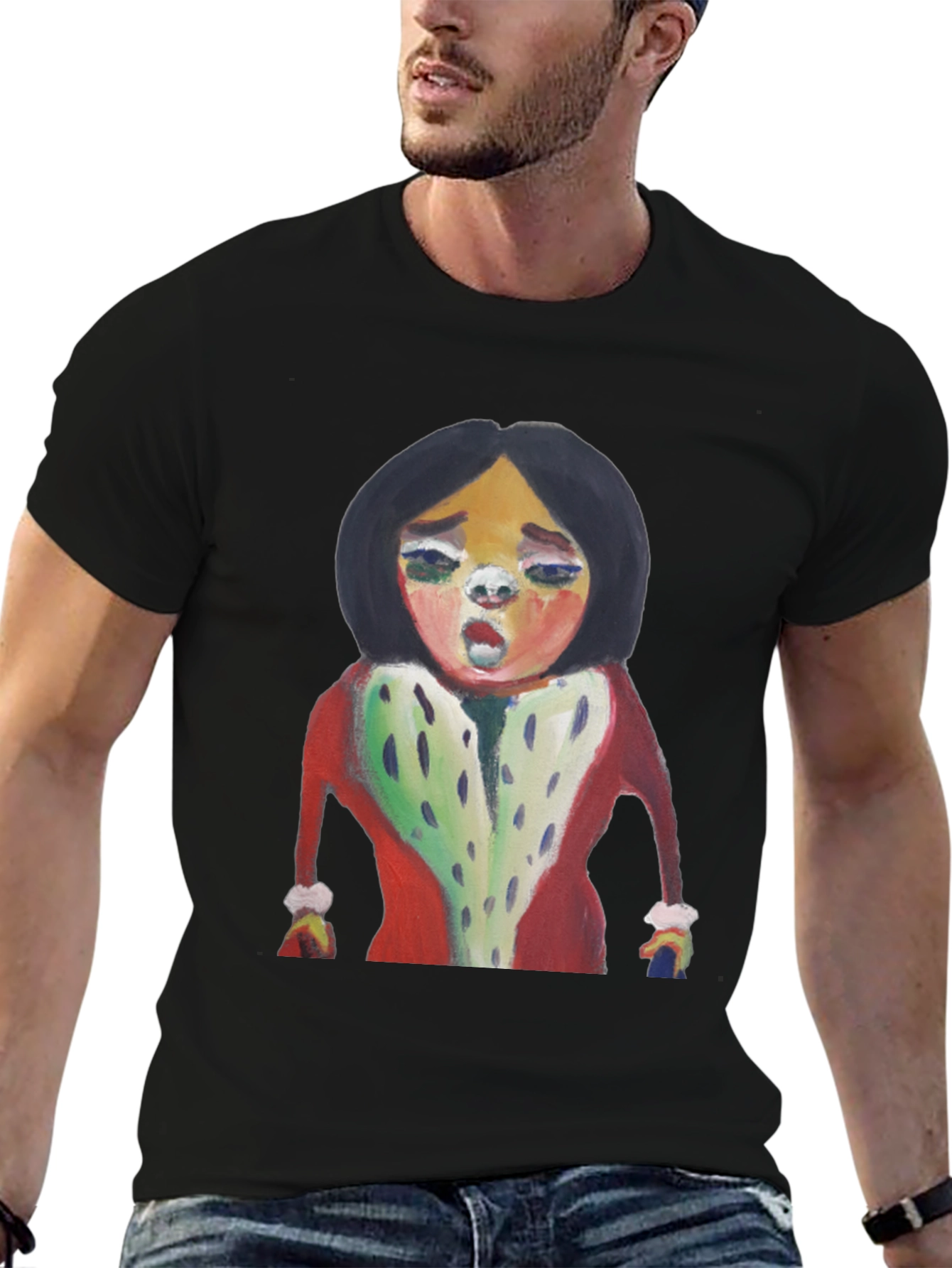 Black Unique Cartoon Graphic Tee - Black Cotton Casual Shirt view 6