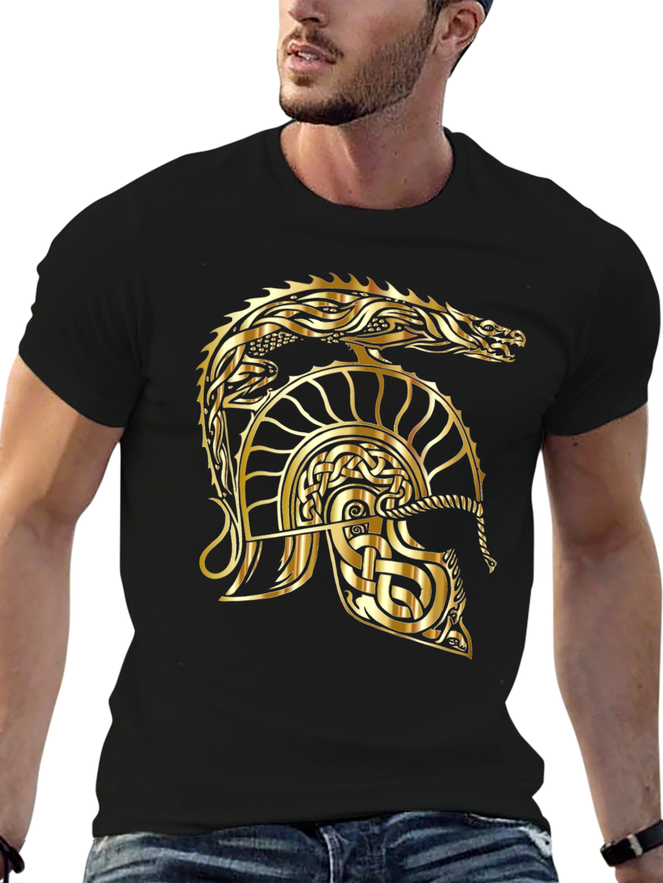 Black Gold Dragon Helmet Black T-Shirt view 6