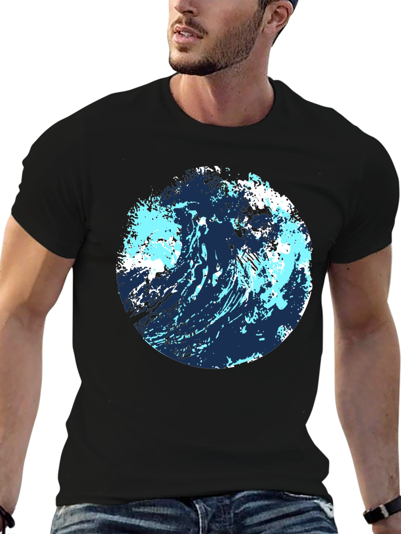 Black Abstract Wave Graphic Tee - Black Cotton Blend view 6