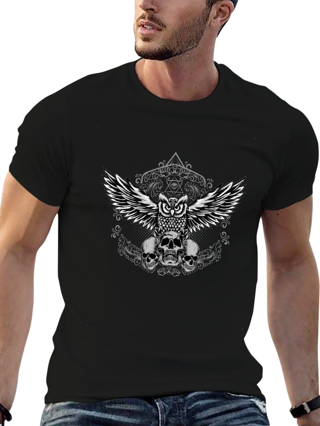 Black Owl and Skulls Graphic Tee - Men's Black T-Shirt view 6