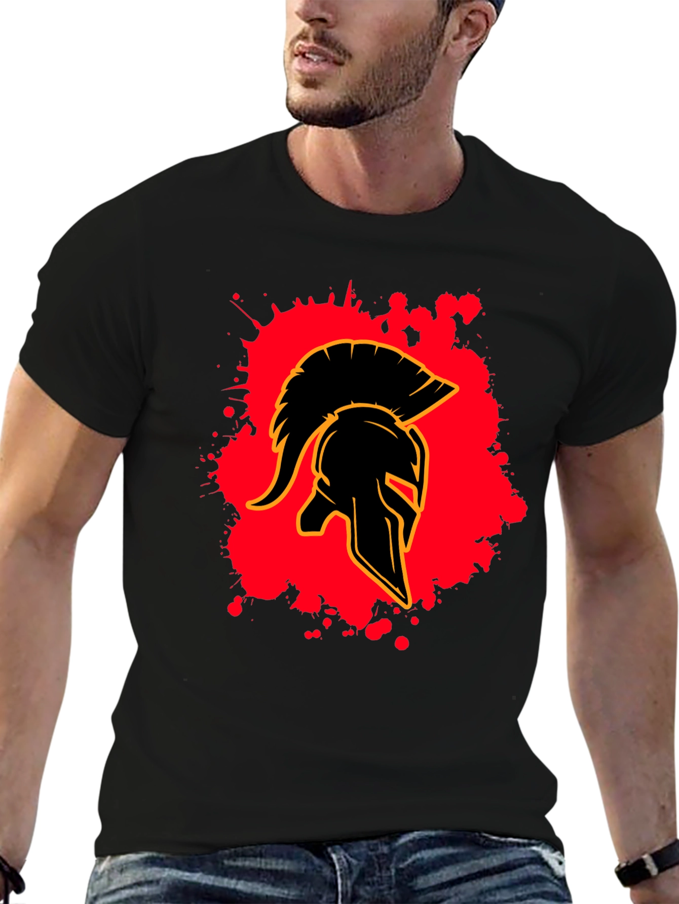 Black Spartan Helmet Graphic Tee - Black Cotton Blend view 6