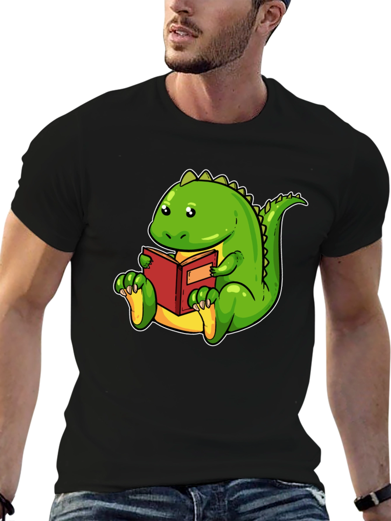 Black Dinosaur Reading Book Black T-Shirt view 6