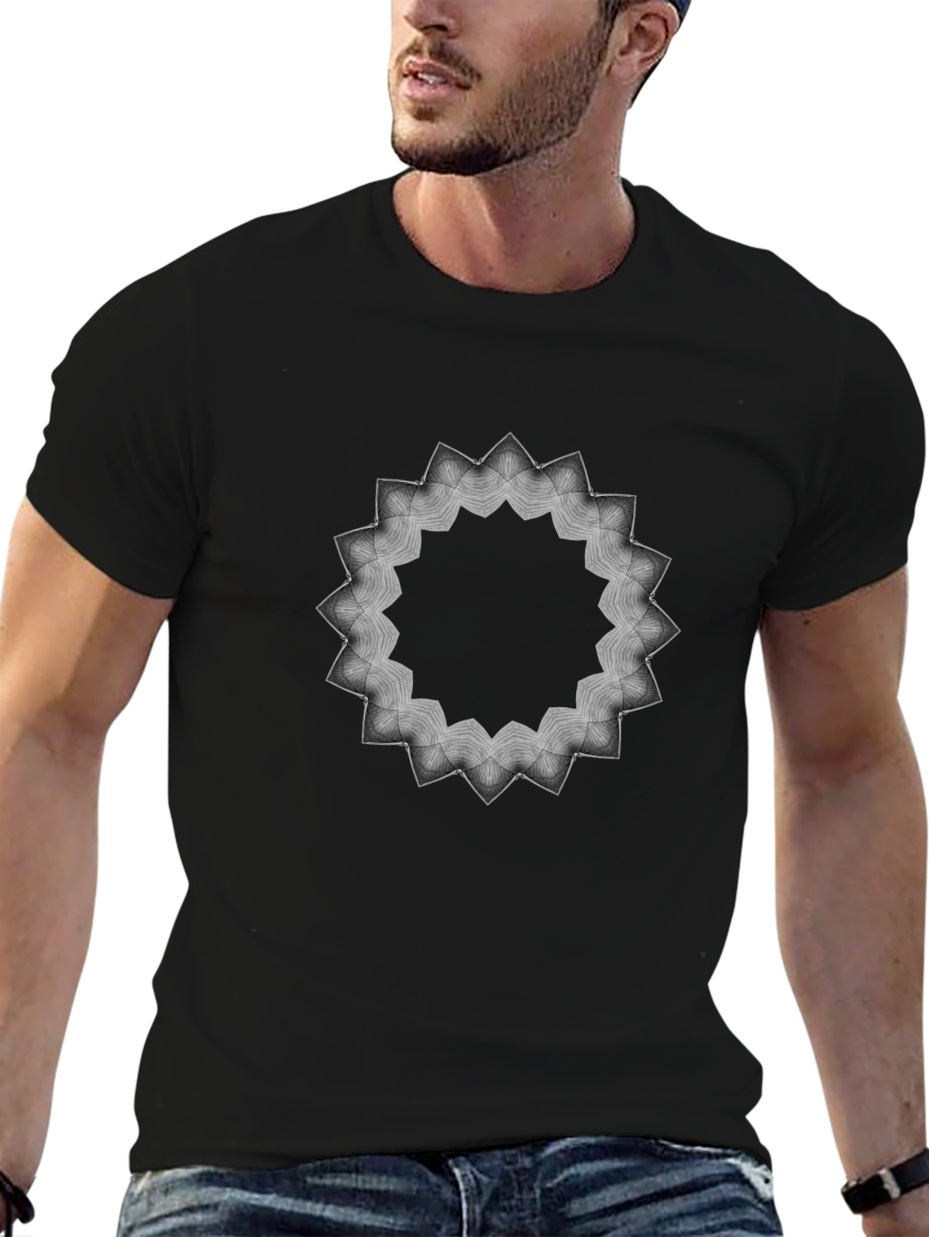 Black Geometric Mandala Graphic Print Men's Black T-Shirt view 6