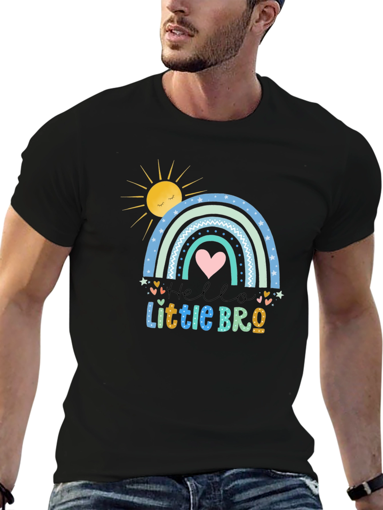 Black Hello Little Bro T-Shirt, Rainbow Design view 6