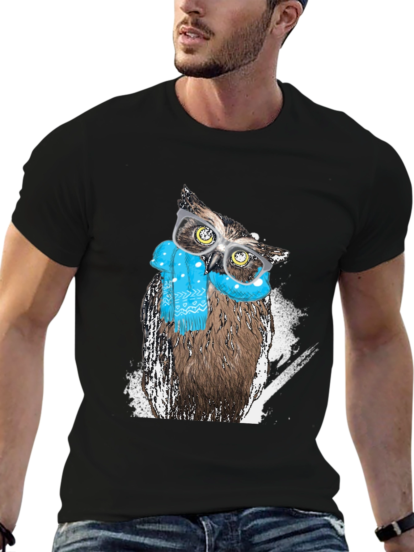 Black Owl with Glasses Graphic Print T-Shirt view 6