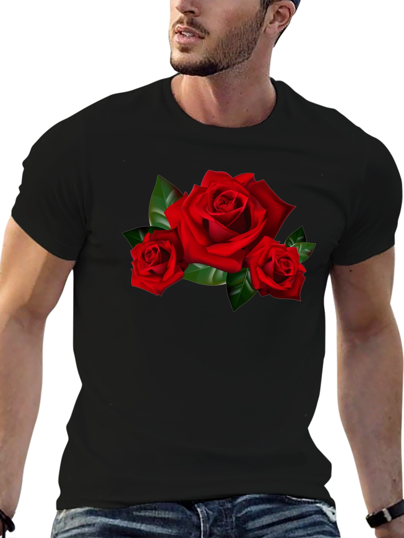 Black Red Roses Graphic Print Black T-Shirt view 6