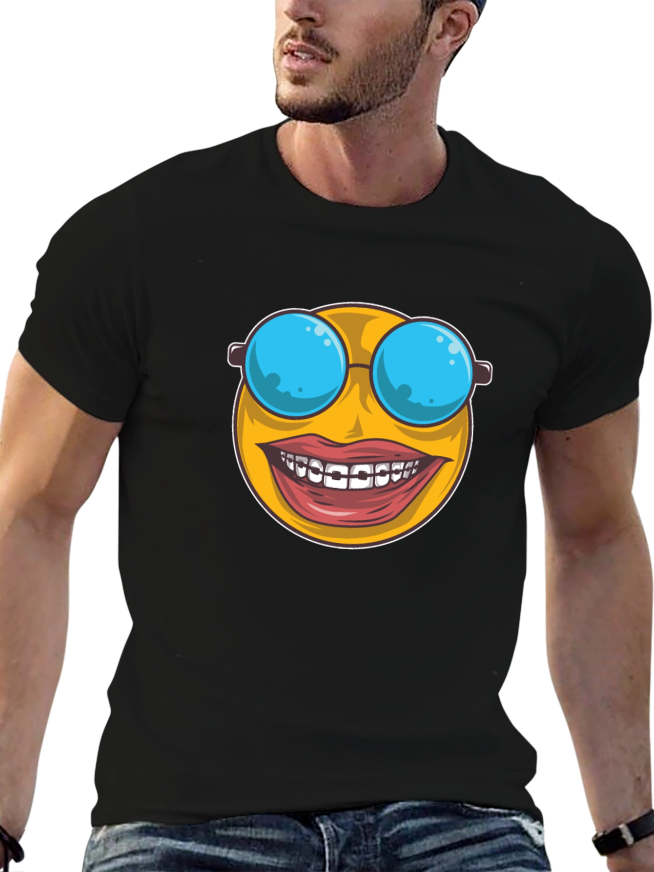 Black Funny Emoji T-Shirt - Braces & Sunglasses view 6