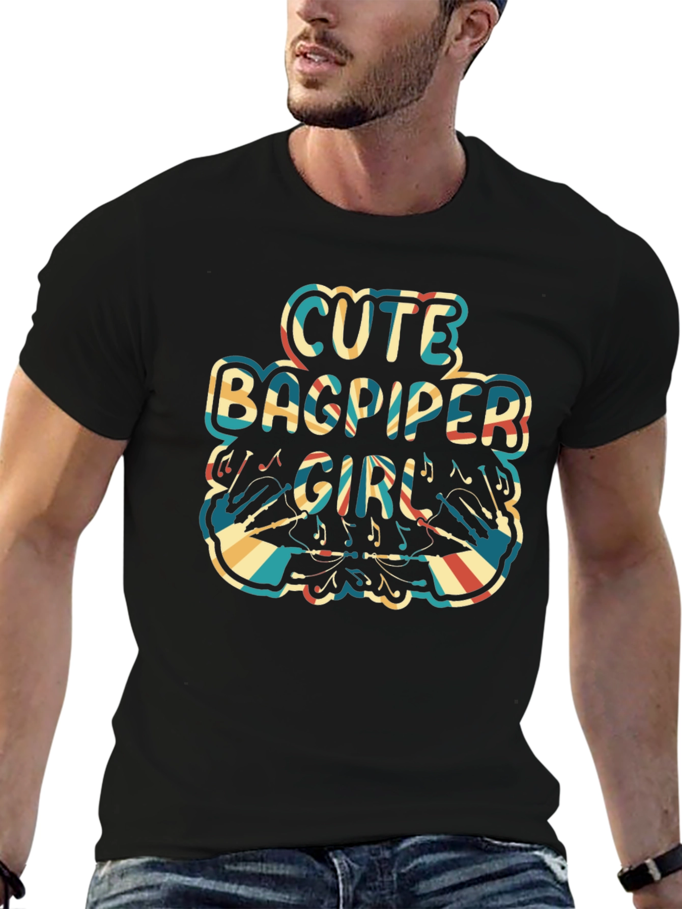 Black Cute Bagpiper Girl Retro T-Shirt view 6