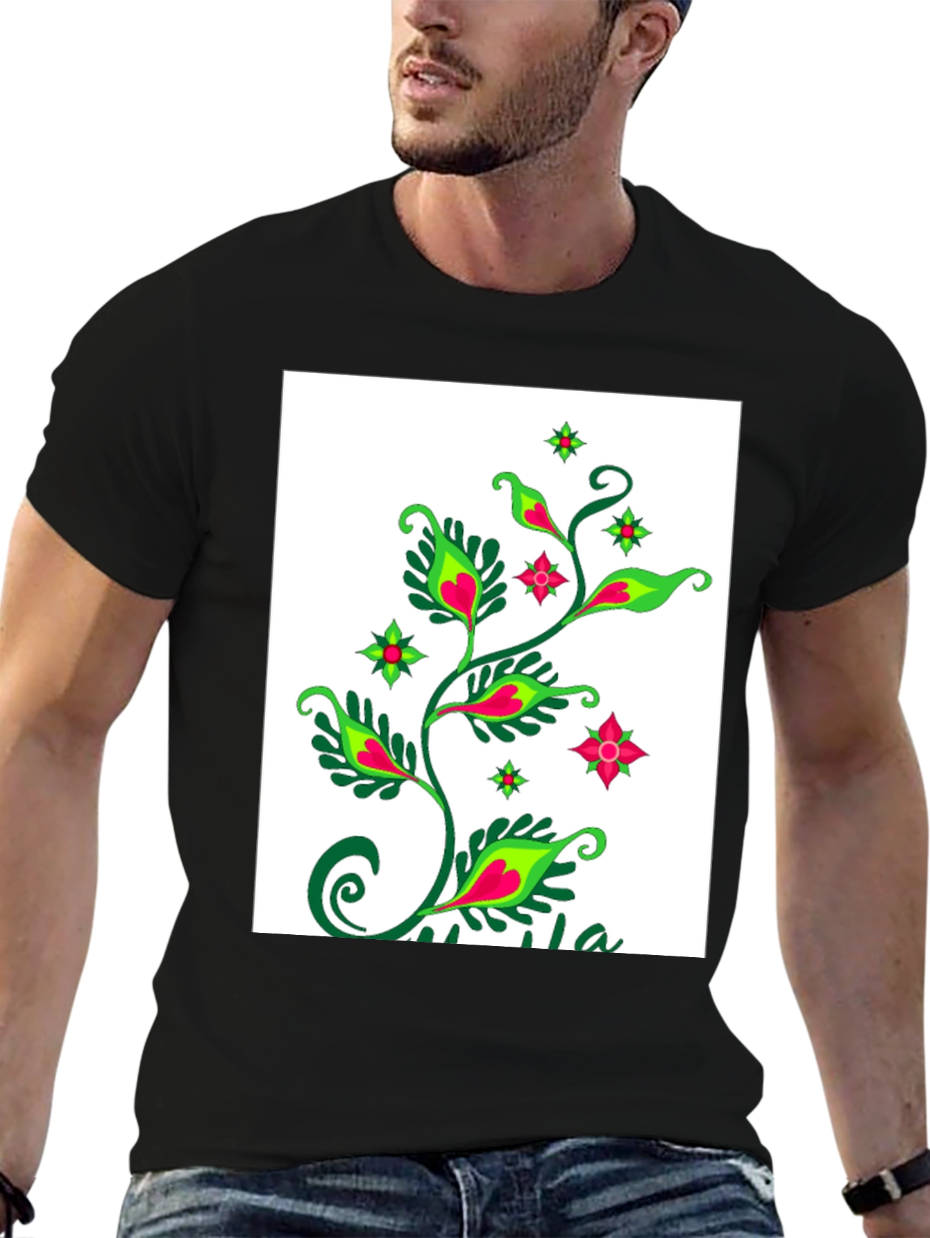 Black Black T-Shirt with Floral Plant Design view 6